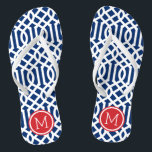 Red White and Blue Trellis Monogram Thongs<br><div class="desc">Custom printed flip flop sandals with a stylish modern trellis pattern and your custom monogram or other text in a circle frame. Click Customise It to change text fonts and colours or add your own images to create a unique one of a kind design!</div>