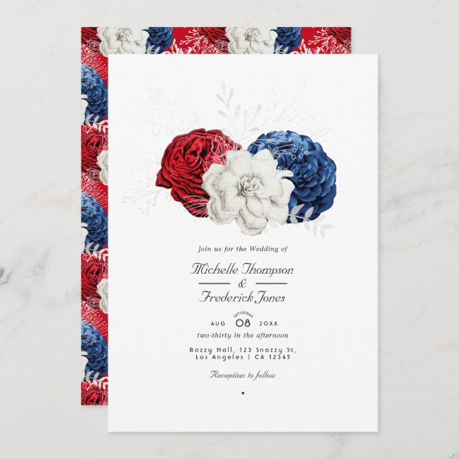 Red White and Blue USA American QR Code Wedding Invitation (Front/Back)