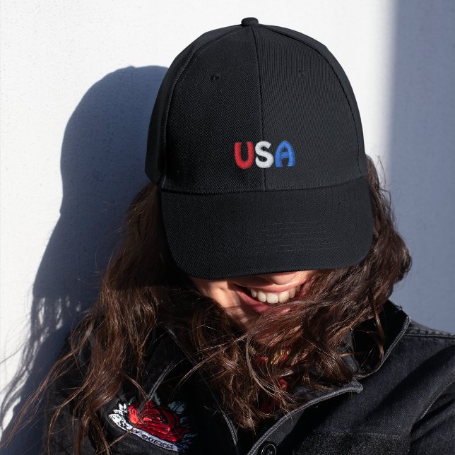 Red White and Blue USA Black Embroidered Hat (Customize the thread color and letters if you'd like.)