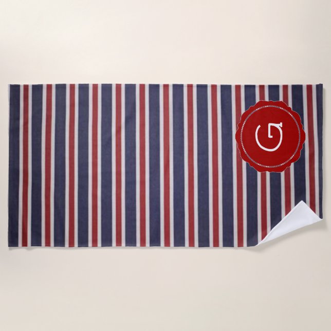 Red-White-and-Blue USA Monogram Stripe Design Beach Towel (Front)