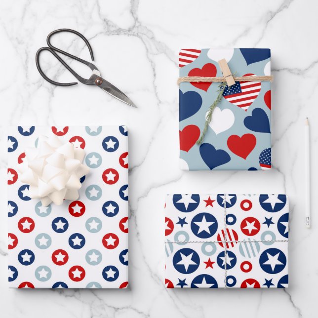 Red, White and Blue USA Stars and Stripes pattern Wrapping Paper Sheet (Front)