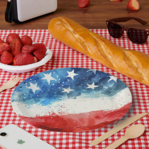 Red White and Blue Watercolor American Flag  Paper Plate