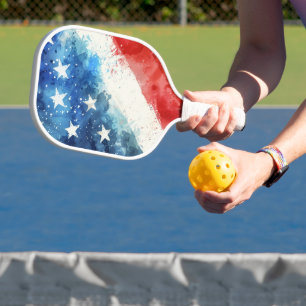 Red White and Blue Watercolor American Flag Pickleball Paddle