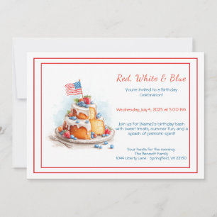 Red White and Blue Watercolor Birthday Invitation 