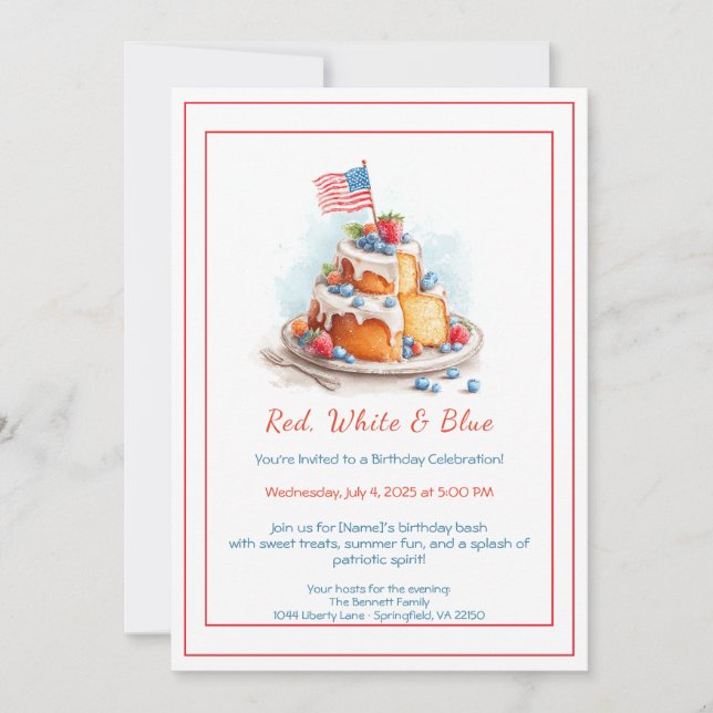 Red White and Blue Watercolor Birthday Invitation  (Front)