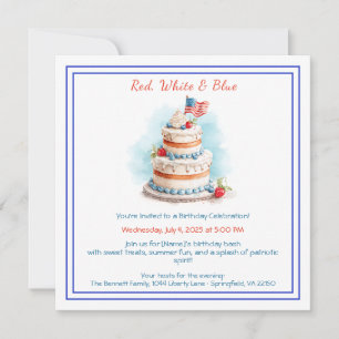 Red White and Blue Watercolor Birthday Invitation 
