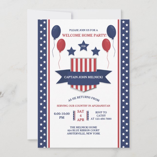 Red White and Blue Welcome Home Invitation (Front)