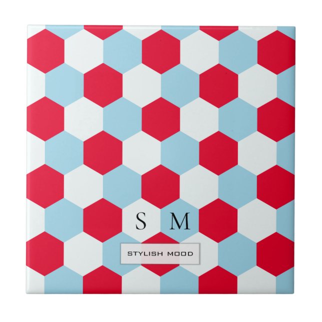 Red, White and Blues Hexagons Monogram Ceramic Tile (Front)
