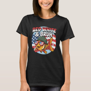 Red White and Bruh Funny Patriotic Fish with Flag T-Shirt