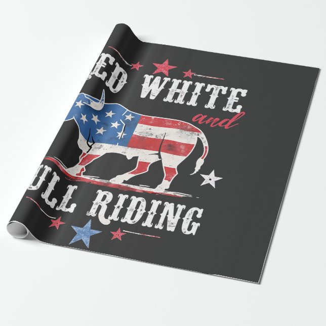 Red White and Bull Riding American Cowboys  Wrapping Paper (Unrolled)