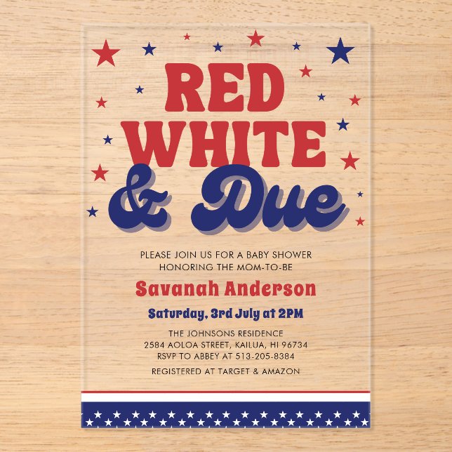 Red, White and Due 4th July Patriotic Baby Shower  Acrylic Invitations (Front)