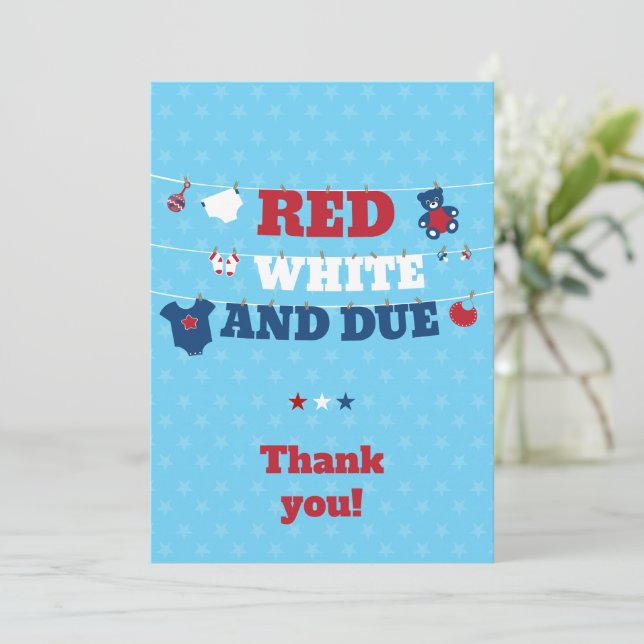 Red White and Due Baby Shower Clothesline July 4th Thank You Card (Standing Front)