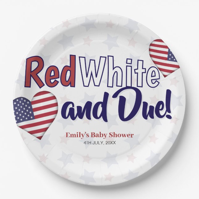 Red White and Due July 4th Patriotic Baby Shower  Paper Plate (Front)