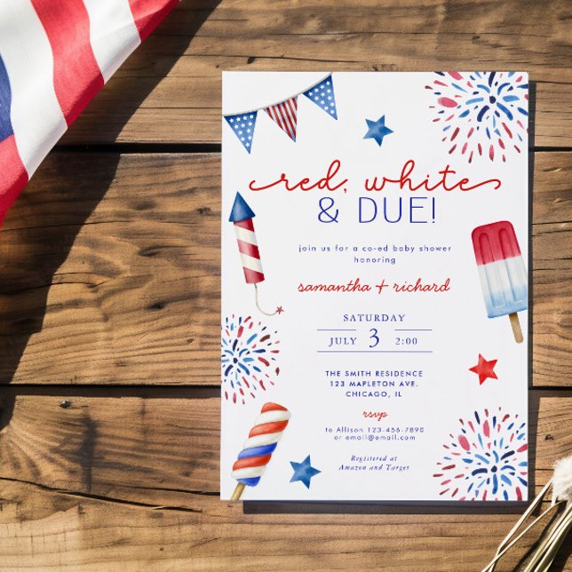 Red White and Due July Fourth 4th baby shower Invitation (Creator Uploaded)