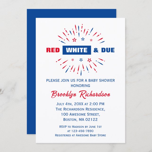 Red White And Due Patriotic 4th July Baby Shower Invitation (Front/Back)