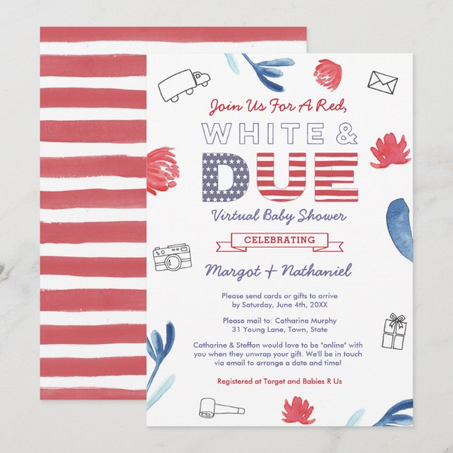 Red White And Due Patriotic Virtual Baby Shower Invitation (Front/Back)