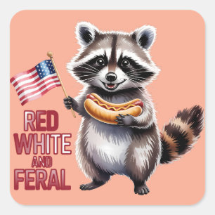 Red White And Feral And Free Racoon Square Sticker
