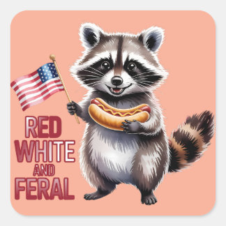 Red White And Feral And Free Racoon Square Sticker