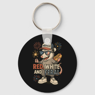 Red White And Feral Fireworks Opossum 4th Of July Key Ring