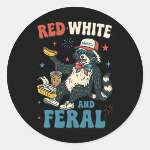 Red White And Feral Funny Racoon 4th Of July Patr Classic Round Sticker