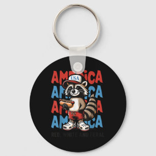 Red White And Feral Funny Racoon 4th Of July Patr Key Ring