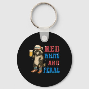 Red White And Feral Funny Racoon Beer 4th Of July Key Ring