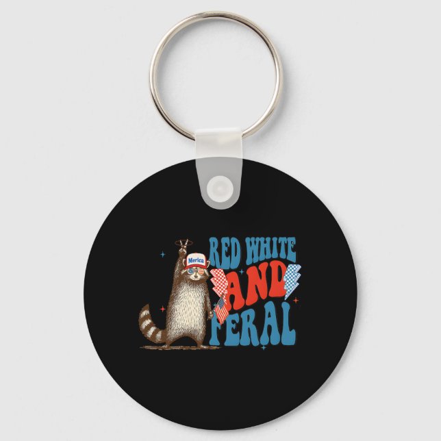 Red White And Feral Funny Trump Racoon 4th Of Jul Key Ring (Front)