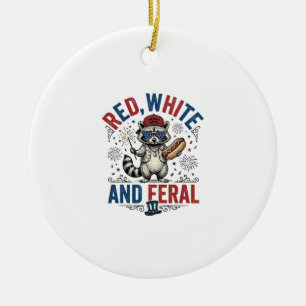 Red White and Feral Patriotic Racoon Shirt_1 Ceramic Ornament