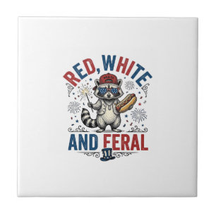 Red White and Feral Patriotic Racoon Shirt_1 Ceramic Tile