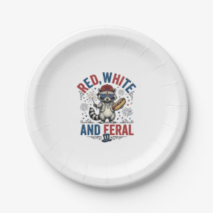 Red White and Feral Patriotic Racoon Shirt_1 Paper Plate