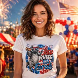 Red White and Feral Racoon 4th of July Patriotic T-Shirt