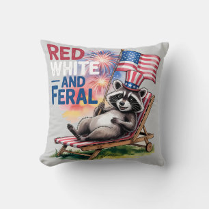 Red White And Feral Racoon Cushion