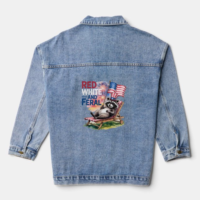 Red White And Feral Racoon Denim Jacket (Back)