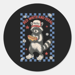 Red White And Feral Racoon Funny Usa 4th Of July Classic Round Sticker
