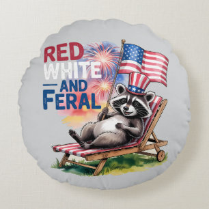 Red White And Feral Racoon Round Cushion