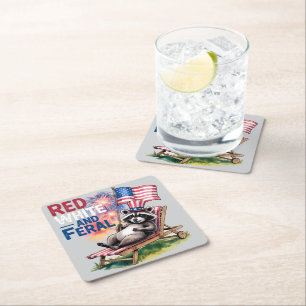 Red White And Feral Racoon Square Paper Coaster