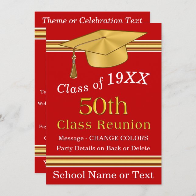 Red, White and Gold 50th Class Reunion Invitations (Front/Back)