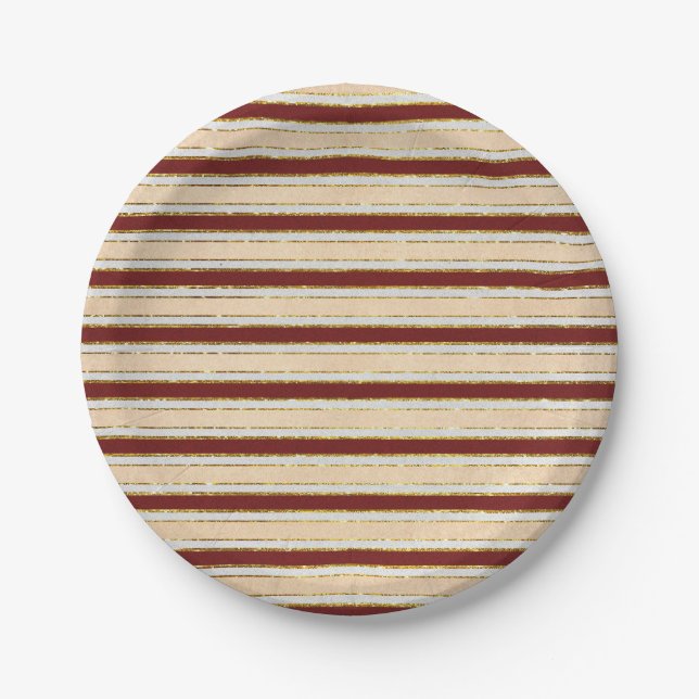 Red, White and Gold Foil Christmas Stripes Paper Plate (Front)