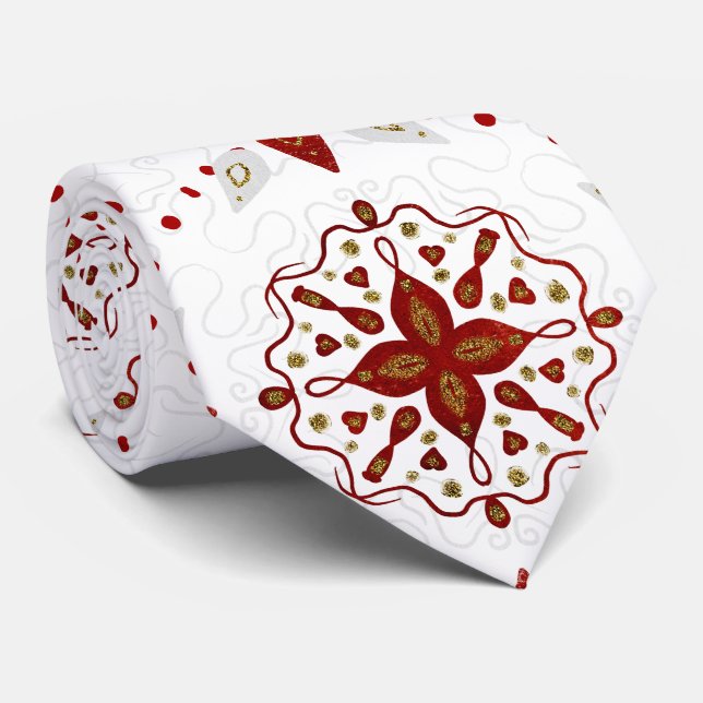Red, White and Gold Glittery Nordic Pattern Tie (Rolled)