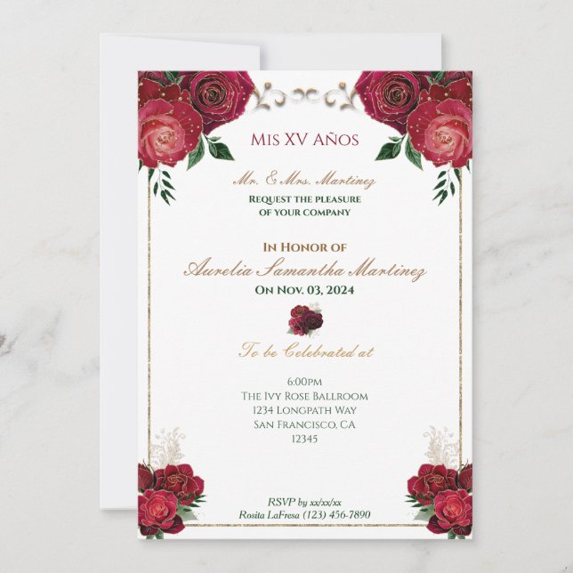 Red, White and Gold Quinceañera Invitations (Front)