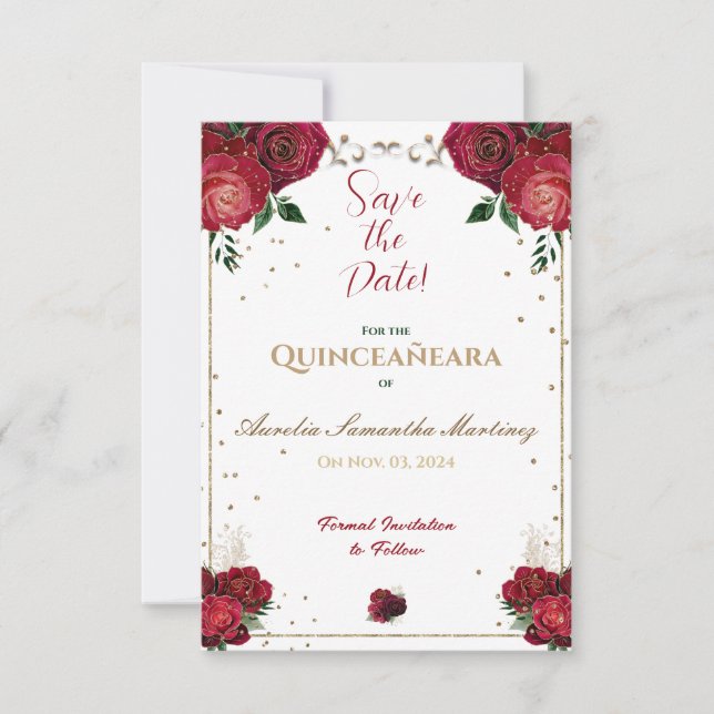 Red, White and Gold Quinceañera Save the Date (Front)