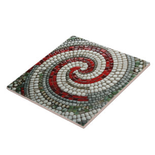 Red White and Green Christmas Spiral Pattern Ceramic Tile