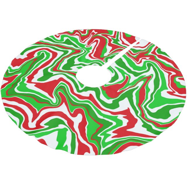 Red White and Green Christmas Swirl Brushed Polyester Tree Skirt (Angled)