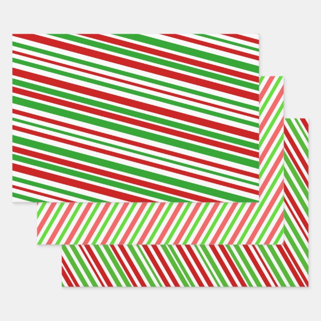 Red, White and Green Christmas-Themed Stripes Wrapping Paper Sheet (Set)