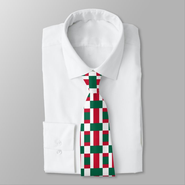 Red White And Green Colour Block Print Tie (Tied)