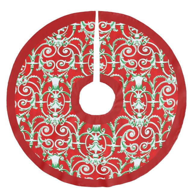 Red White and Green Damask Brushed Polyester Tree Skirt (Front)