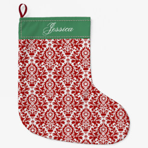 Red, White and Green Floral Damask   Large Christmas Stocking