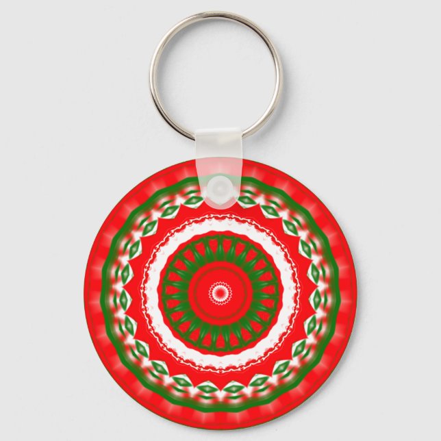 Red, White and Green Mandala Key Ring (Front)
