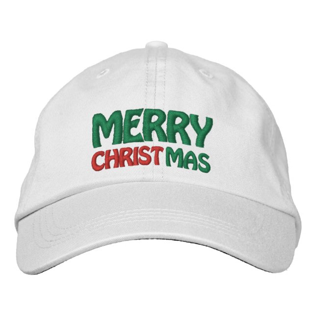 Red White and Green Merry Christmas Embroidered Hat (Front)