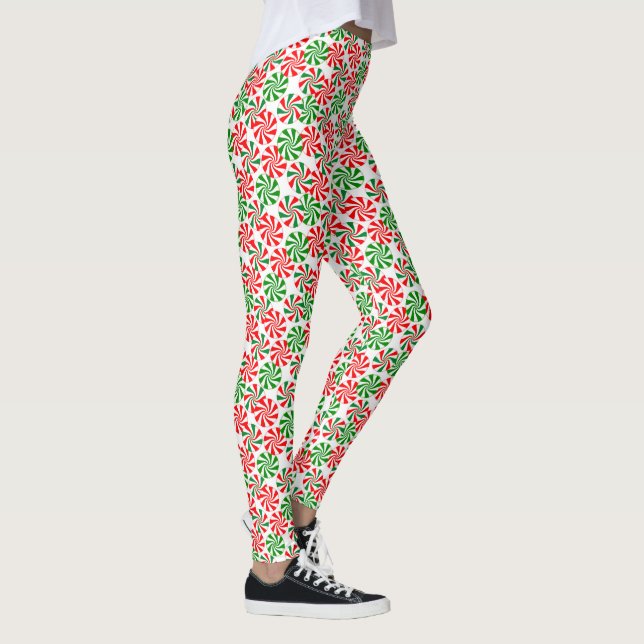 Red White and Green Peppermint Candy Swirl Pattern Leggings (Right)